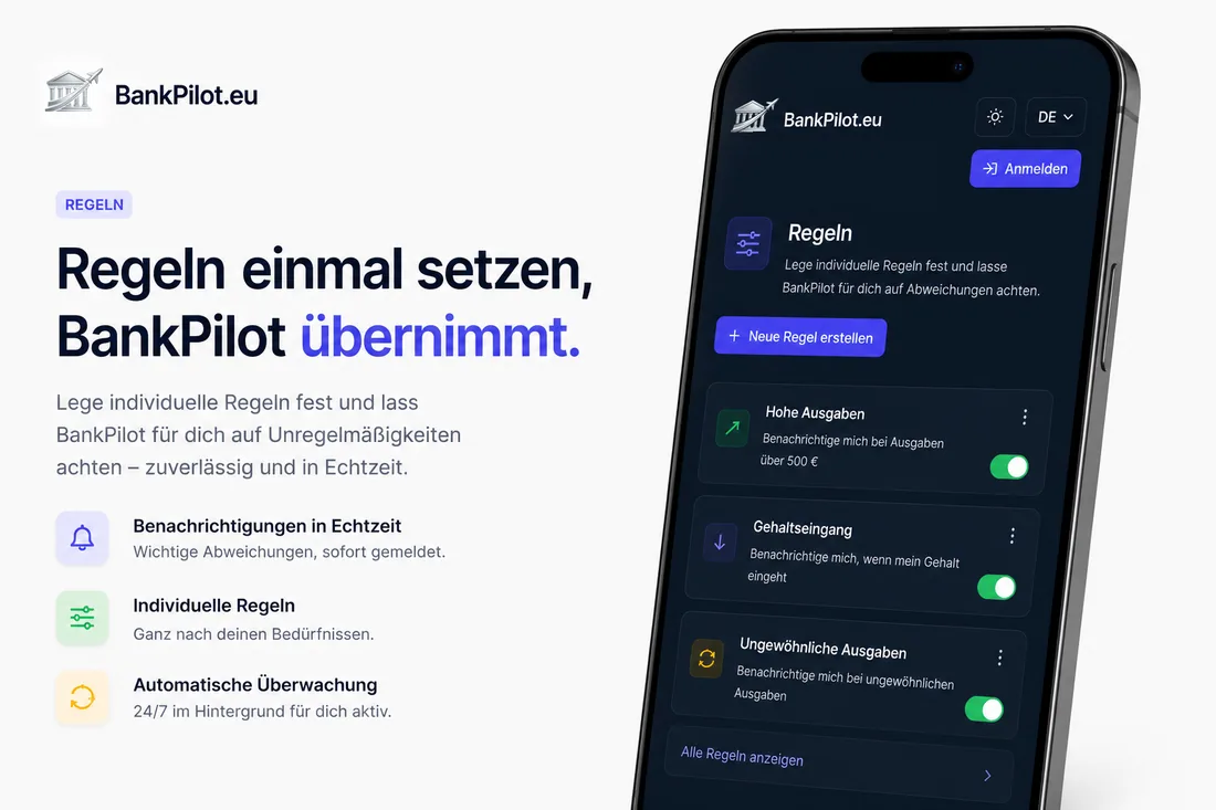 Regeln einmal setzen: BankPilot meldet Abweichungen in Echtzeit.